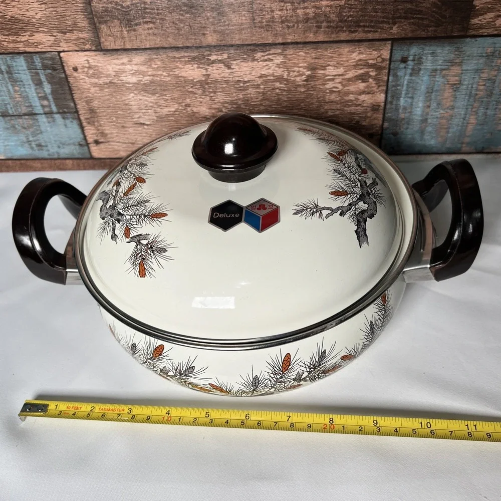Vintage Enamel Cooking Bean Pots‎ With Lids Douglas Fir Pine Cone Design